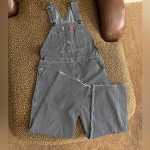 Dickies brand dark blue striped straight leg relaxed overalls with a raw hem